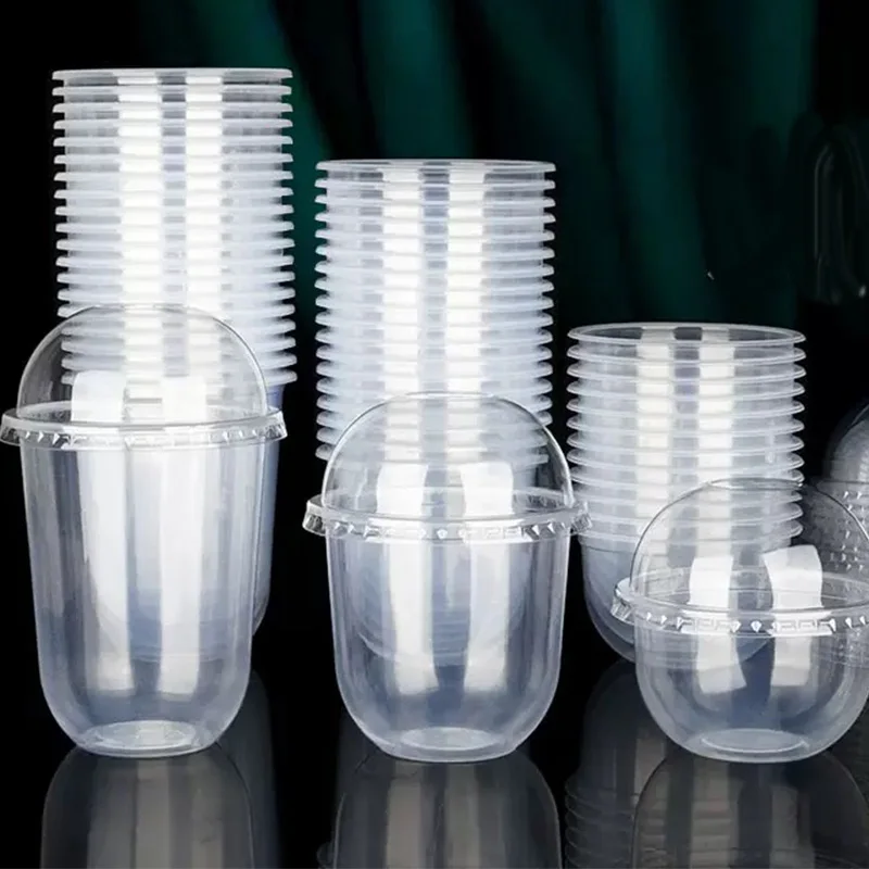 250ML/360ML/550ML Plastikbecher mit Transparenten Kuppeldeckeln, Milchtee-Becher, Einweg-Schalen, 50 Stück, Creme-Dessertschalen, Plastikbecher mit Deckeln