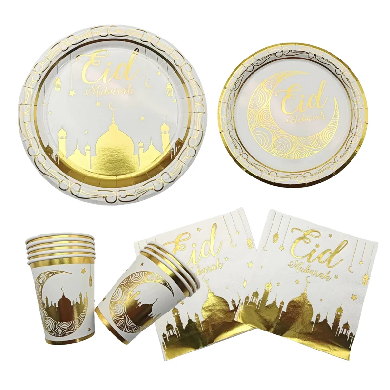 Eid Mubarak Thema Hot Stamping Wegwerp Papieren Servies Set Ramadan Kareem Happy Islamic Moslim Eid Al Adha Party Decor