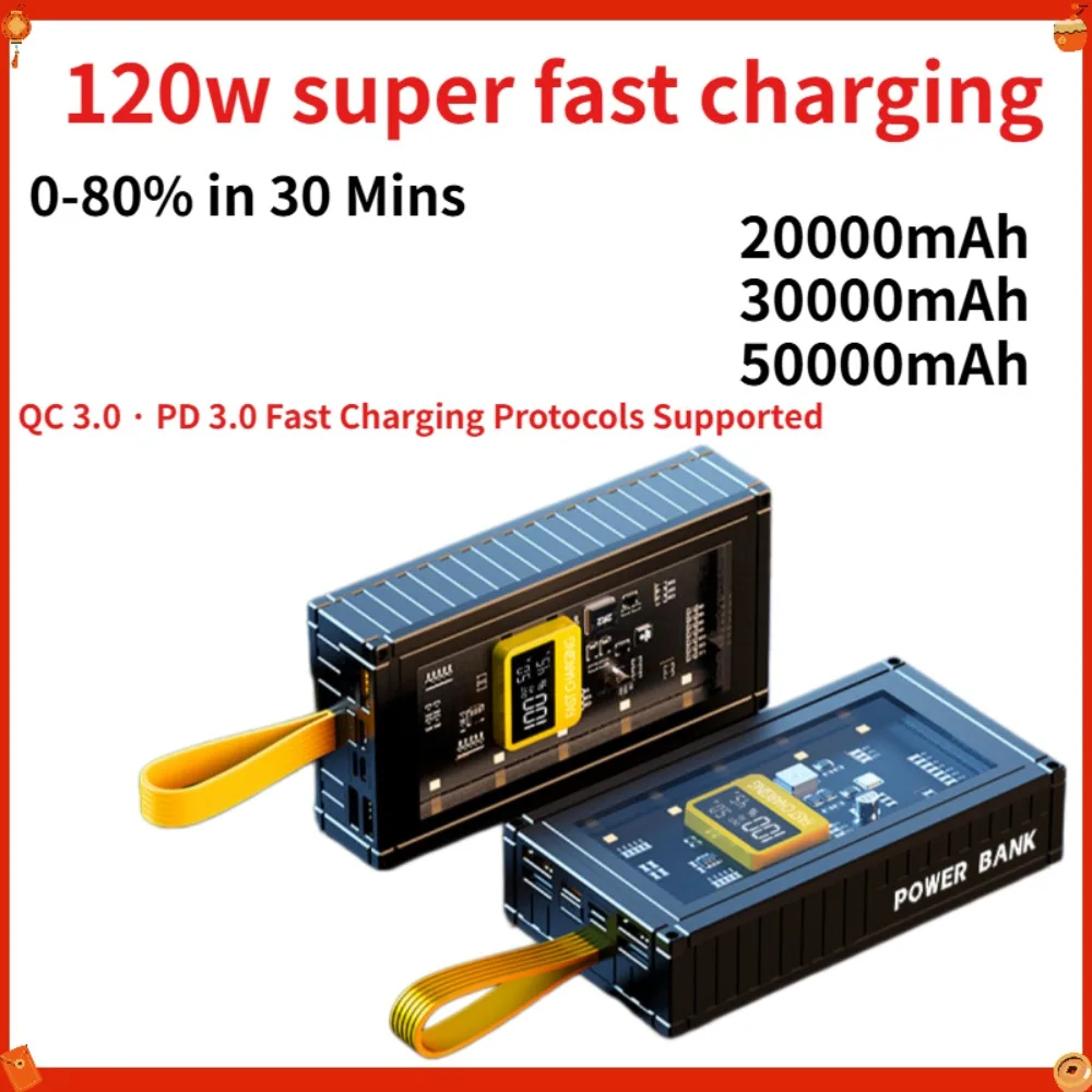 120W Super Fast Charging 20000-50000mAh Power Bank, Transparent Container Portable Charger with LED Display for iPhone Samsung
