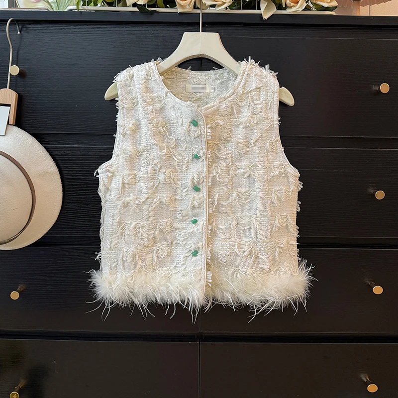 เสื้อกั๊กขนนกแต่งระบายสไตล์คนดัง สำหรับผู้หญิง ฤดูใบไม้ร่วง 2025 รุ่นใหม่ สไตล์ต่างประเทศ ทรงหลวม