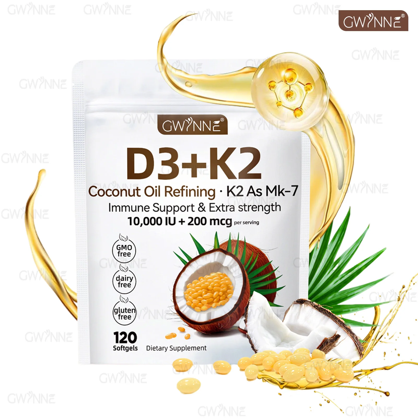 Gwynne Vitamina D3 10.000ui + K2 Mk-7 200mcg,120cápsulas 2 En 1 Aceite De Coco Vírgenapoyo Óseo,inmunológico Y Cardíaco
