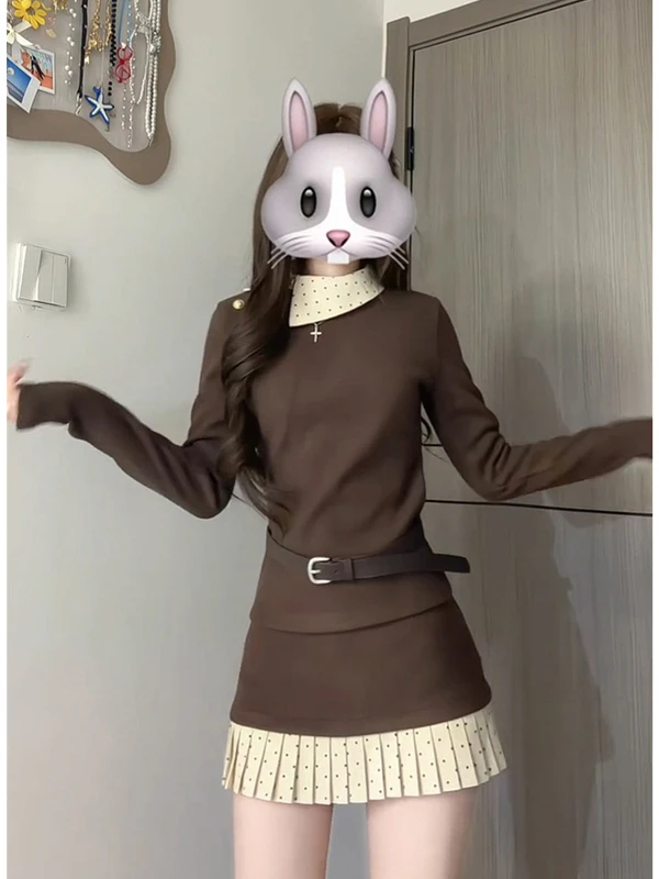 

Корейский комплект: топ и юбка в горошек и клетку с высокой талией, облегающий крой, модный деловой повседневный наряд для женщин