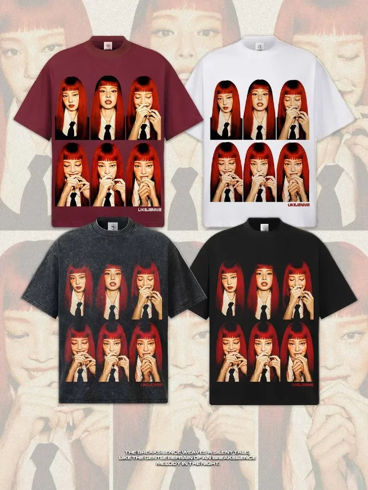 Jennie Graphic Print T-Shirt American Retro Heavyweight 200g Crew-Neck Knit Short-Sleeve Tee for Casual Wear