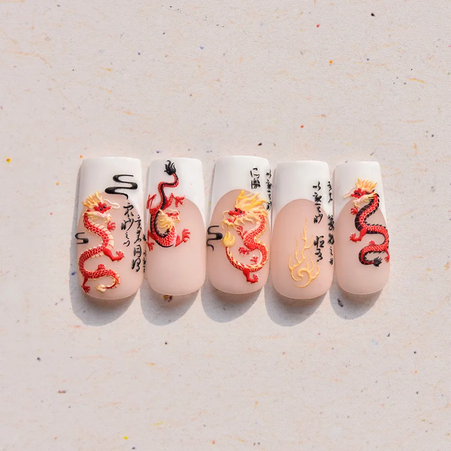 1 Piece of 5D Chinese Style Nail Sticker Cute Quality Red Dragon Embossed Nail Art Sticker Popular Retro Nail Decoration Sticker