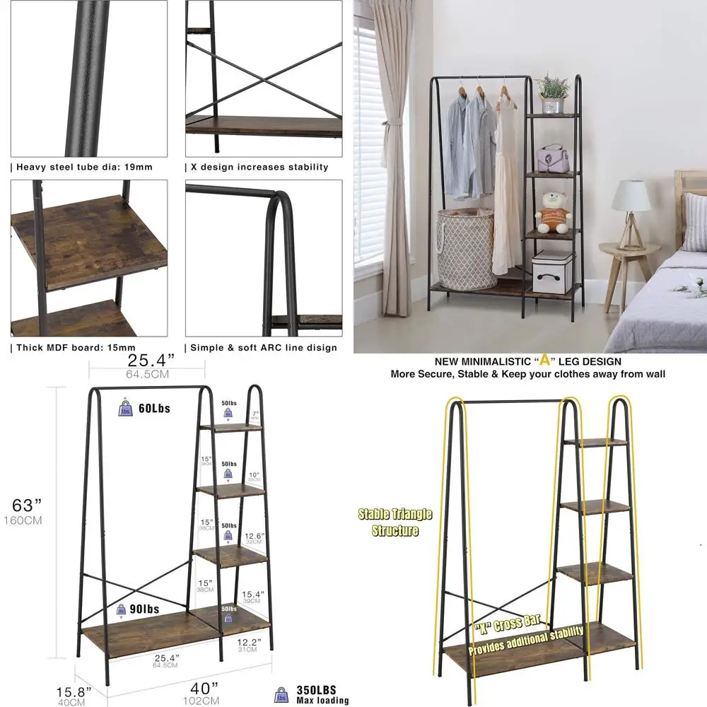 

Rustic Clothes Rack, Clothing Rack for Hanging Clothes Heavy Duty Garment Rack with 5 Wood Shelves Freestanding Portable Closet