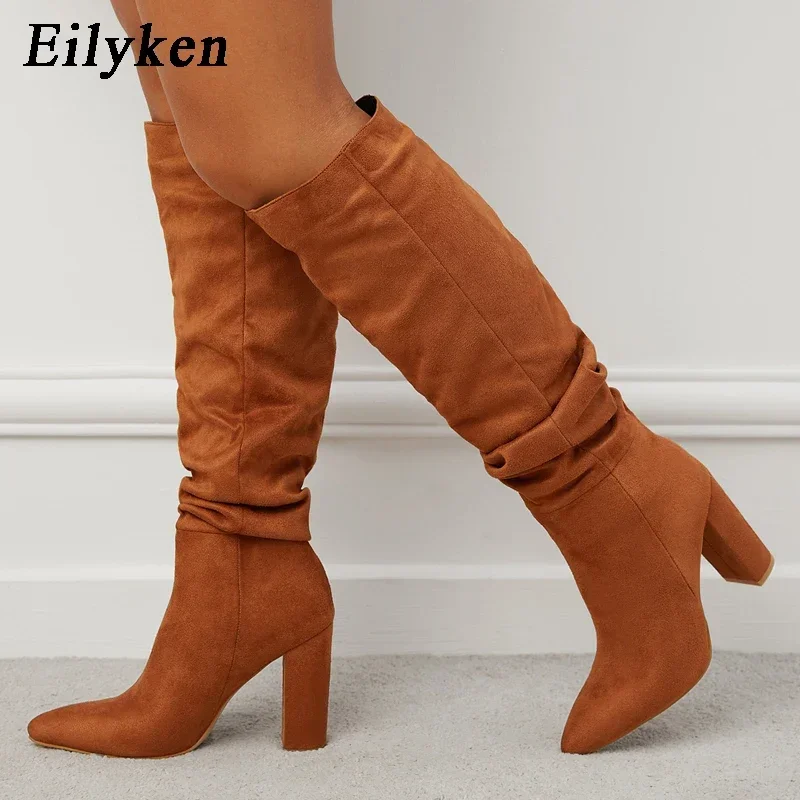 Eilyken moda feminina botas de salto alto designer sapatos de salto grosso botas longas o joelho plissado botas mujer