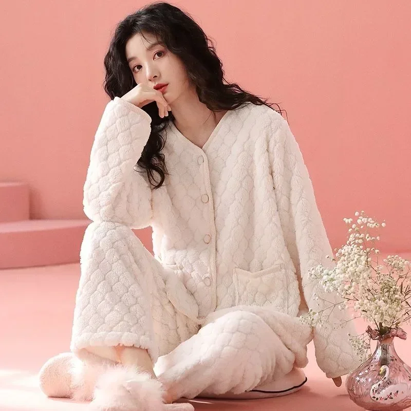 Pajama Women Autumn and Winter Coral Velvet Thickened High Appearance Level Simple Warm Flannel Niche Outside Wear Home Wear Set