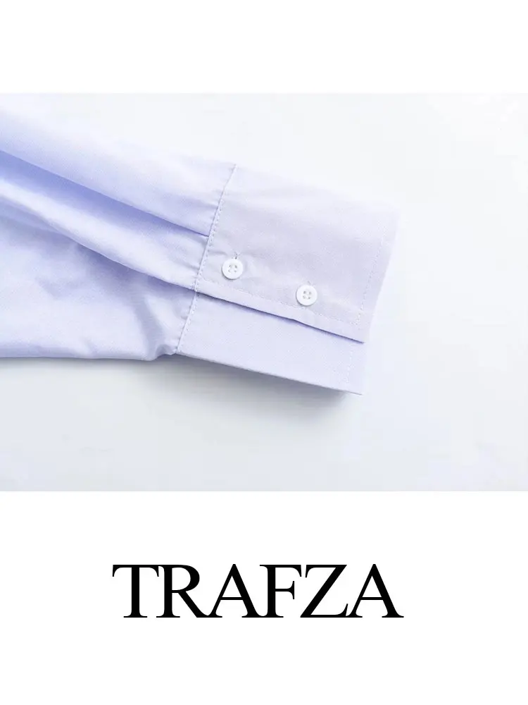 TRAFZA Women Casual Shirt Office Lady Blue Blouse Turn Down Long Sleeve Loose Single Breasted Shirts Elegant Female Chic Top