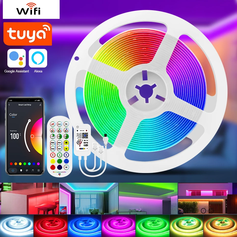 

Tuya Wifi COB LED Strip Light 24V Dimmable Smart RGB Tape 840LEDs/m Adhesive Led Ribbon Remote Control For Home Lighting Decor
