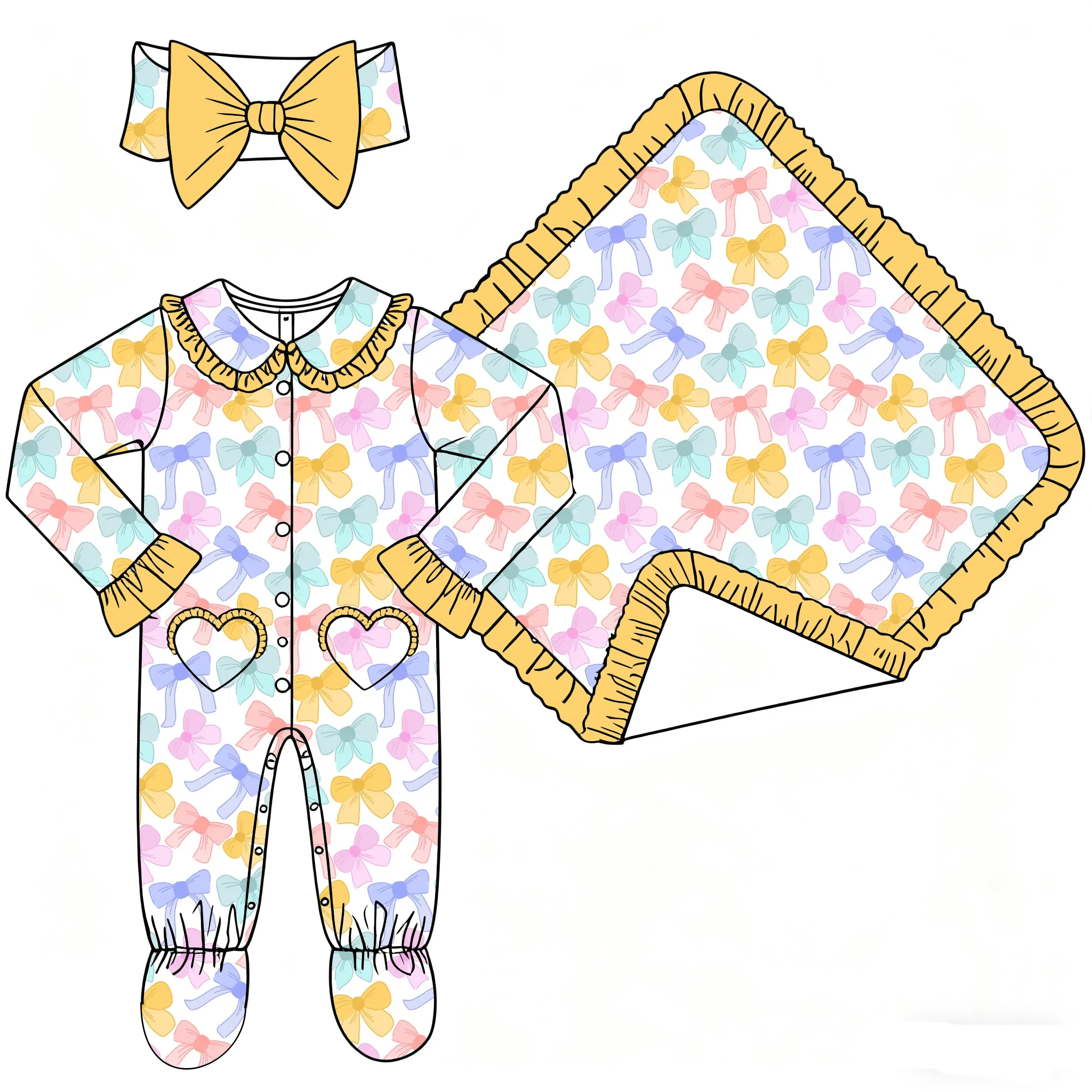 Boutique kids girls' romper lapel ruffled buttons love pocket and binding feet bow and flowers print and blanket custom girl boy