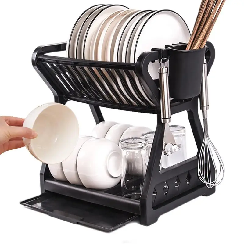 Dish Drainer Rack 2-Tier Countertop Dish Rack Utensil Holder Dish Drainer With Removable Drip Tray For Bowls And Plates