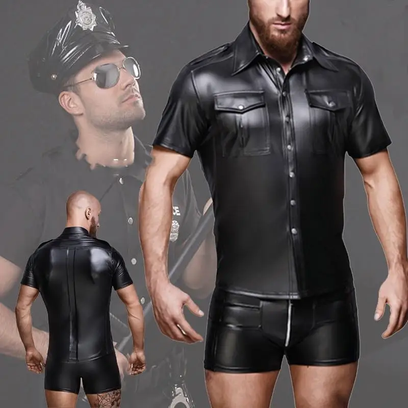 

Slim Fit Faux Leather ort Sve irt Youth Faion Casual irt Button Design Summer Wear for Men