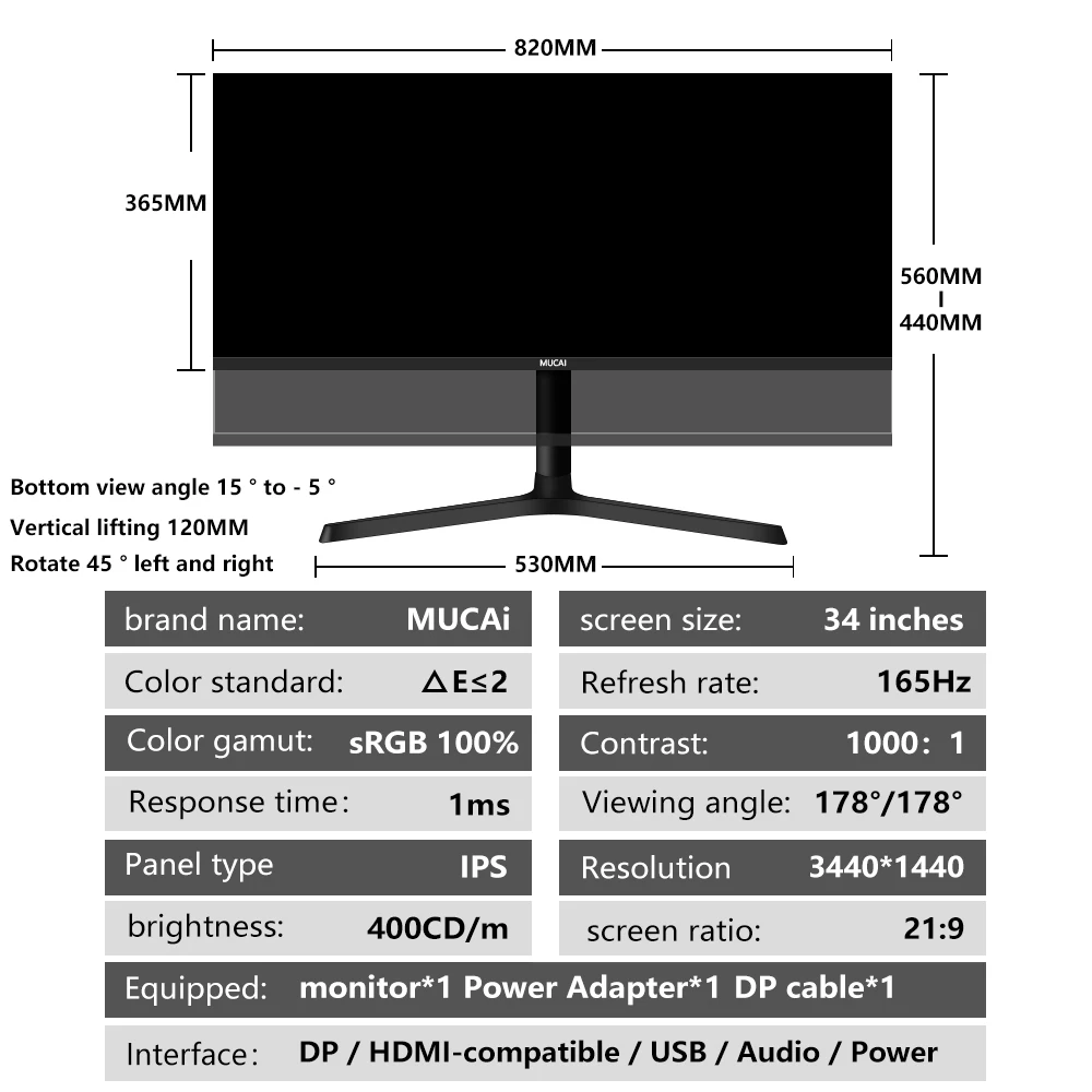 MUCAI-Monitor de 34 pulgadas para Gamer, pantalla ancha de 144Hz, 21:9, IPS, 165Hz, WQHD, LED de escritorio, no curvada, DP/3440x1440