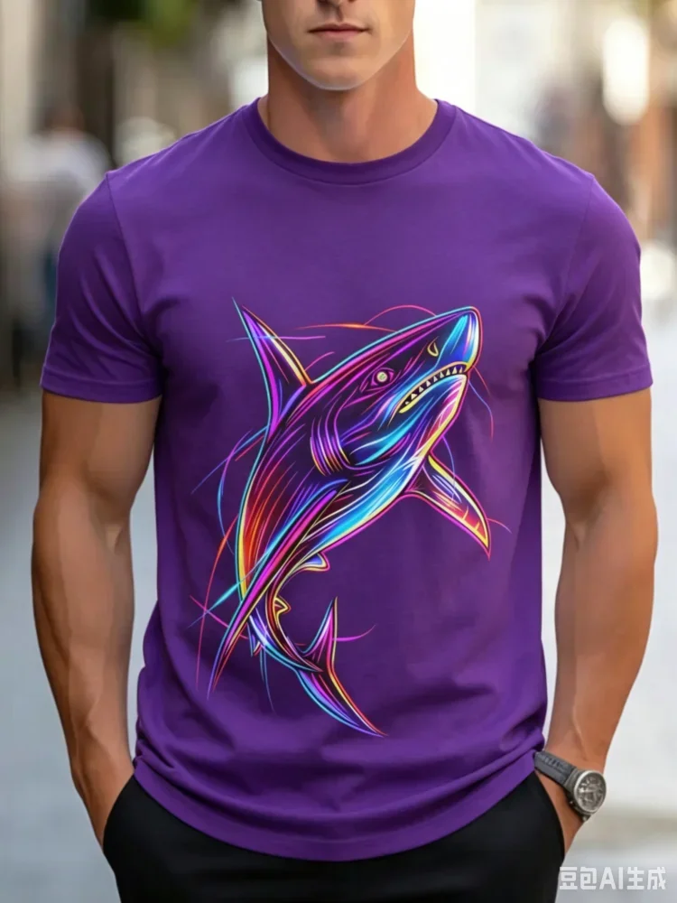 2026 New Fashion Men's 3D Neon Line Shark Pattern Printed T-shirt Psychedelic Ocean Animal Casual Street Tee Tops