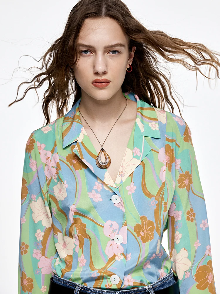 SuyaDream, Women Floral Shirts, 100%Real Silk, Notched Collar, Printed Blouses, 2024 Spring Summer Silk Top, Green