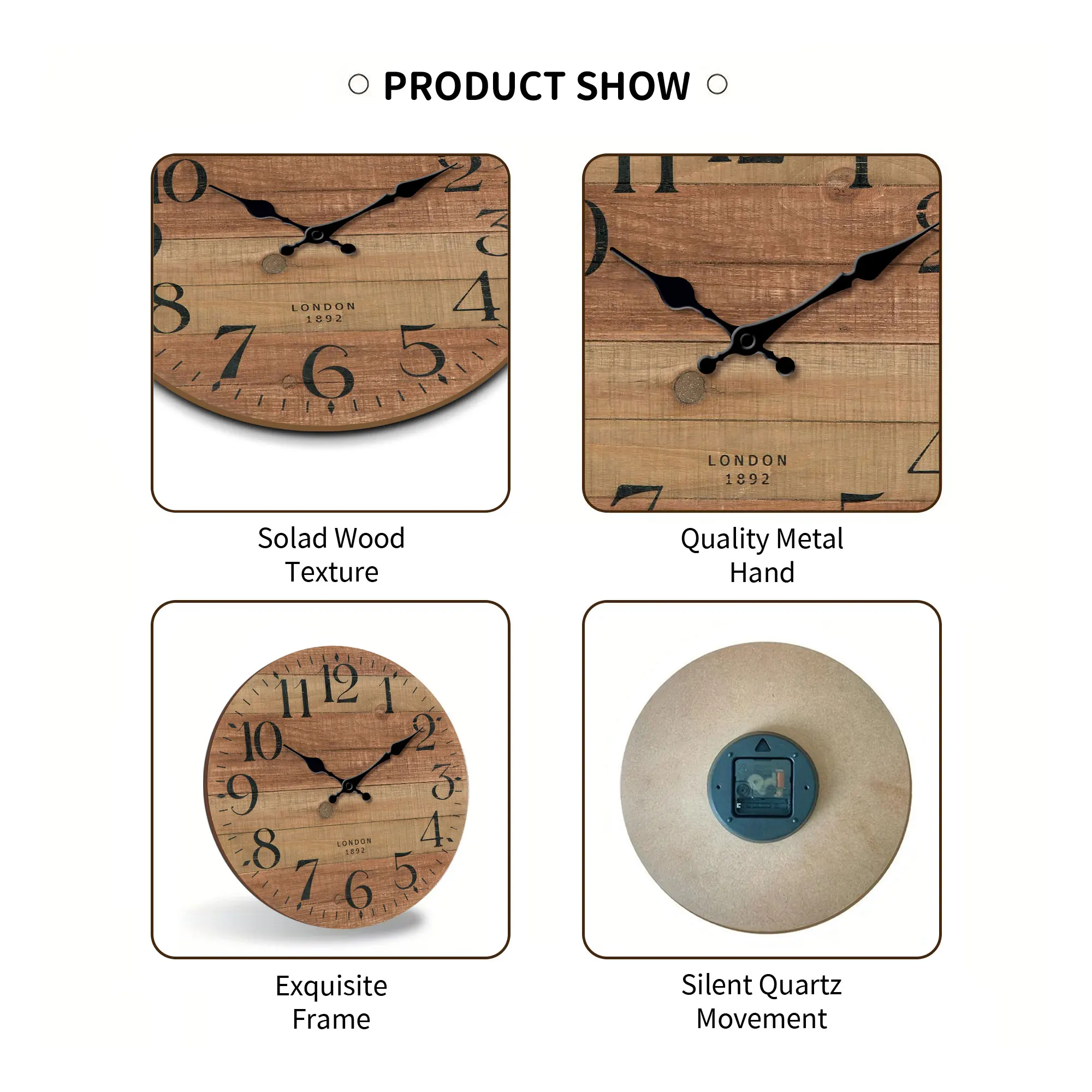 ساعة حائط بنمط خشب بني عتيق، ساعة حائط خشبية مستديرة صامتة، مناسبة لغرفة المعيشة وغرفة النوم وديكور الغرفة الكلاسيكية #5