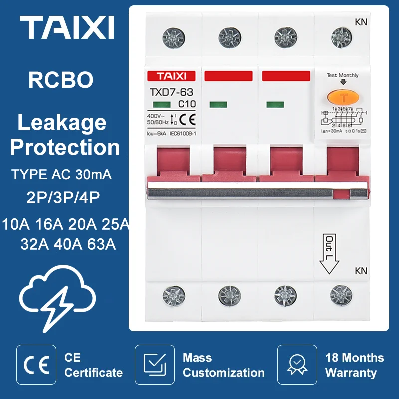 Residual Current Operated Circuit Breaker With Overcurrent Protection 220V 380V  RCBO 10A 16A 20A 32A 40A 63A 2P 3P 4P 30MA