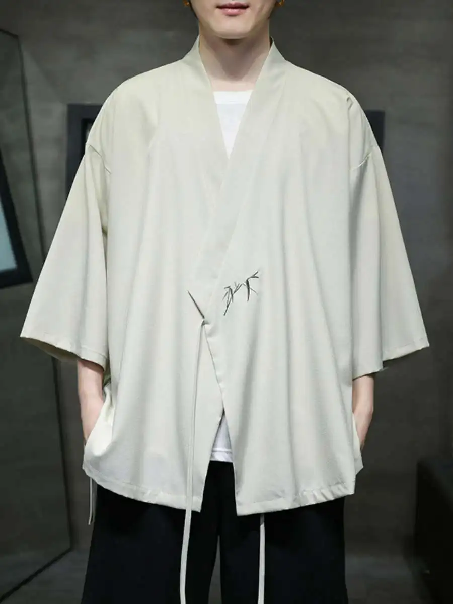 

New Summer Thin Seven-Quarter Sve irt Men's Sle Slanted S Loose Large Size Traditional Chinese Hanfu Casual Wear