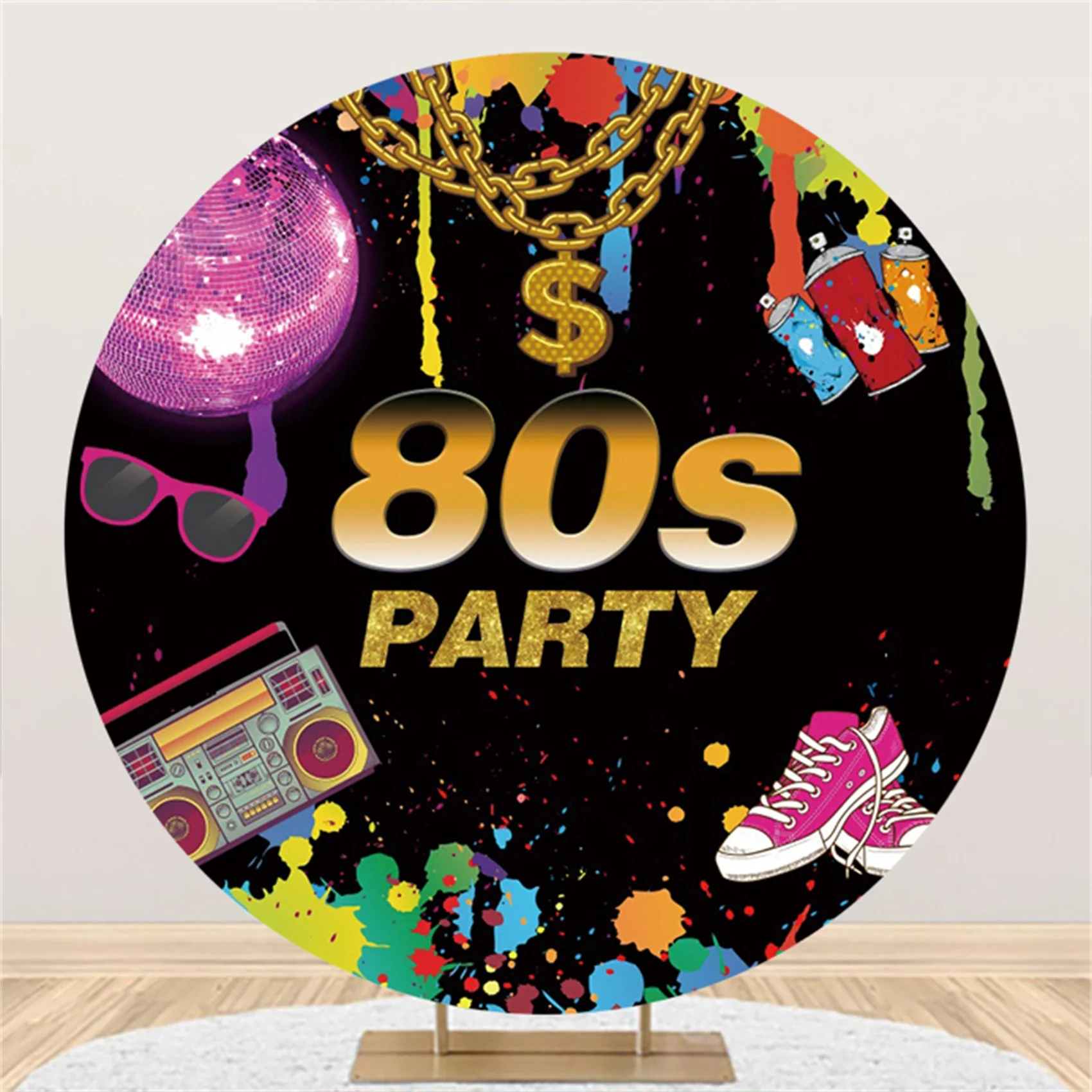 Round Retro 80's Backdrop Cover Back to The 80s Party Decoration Theme Birthday Women Men Disco Stage Circle Photo Background