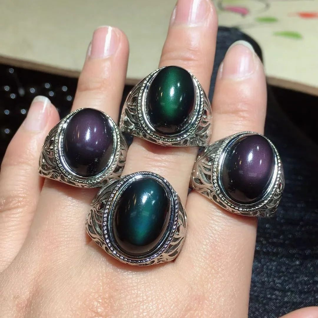 

1 шт. Fengbaowu натуральный Радужный Обсидиан овальное кольцо с кабошоном из стерлингового серебра 925 пробы Рейки целебный камень ювелирные изделия подарок для мужчин