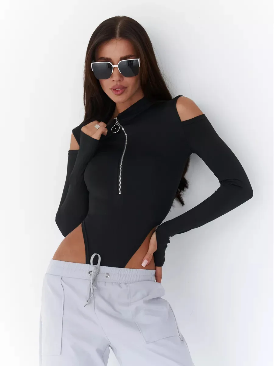 Spring women's ribbed sexy hot girl black women's fashionable long sleeved jumpsuit tight top zipper off shoulder jumpsuit