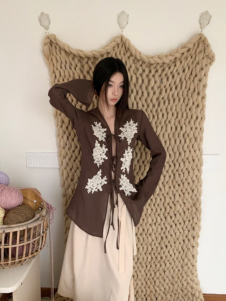 CHEERART  Vintage Brown Lace Up Flare Long Sleeve Blouse Fall Clothes 2024 Women Embroidered Shirt Designer Fashion Top