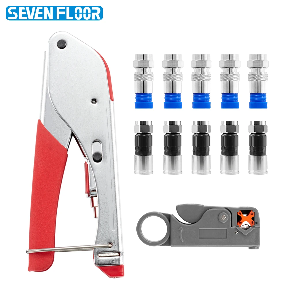 Carbon Steel Coaxial Crimping Tool Kit, RG6 RG59 Crimper & Wire Stripper with 10Pcs RG6 Connectors for CATV Satellite TV