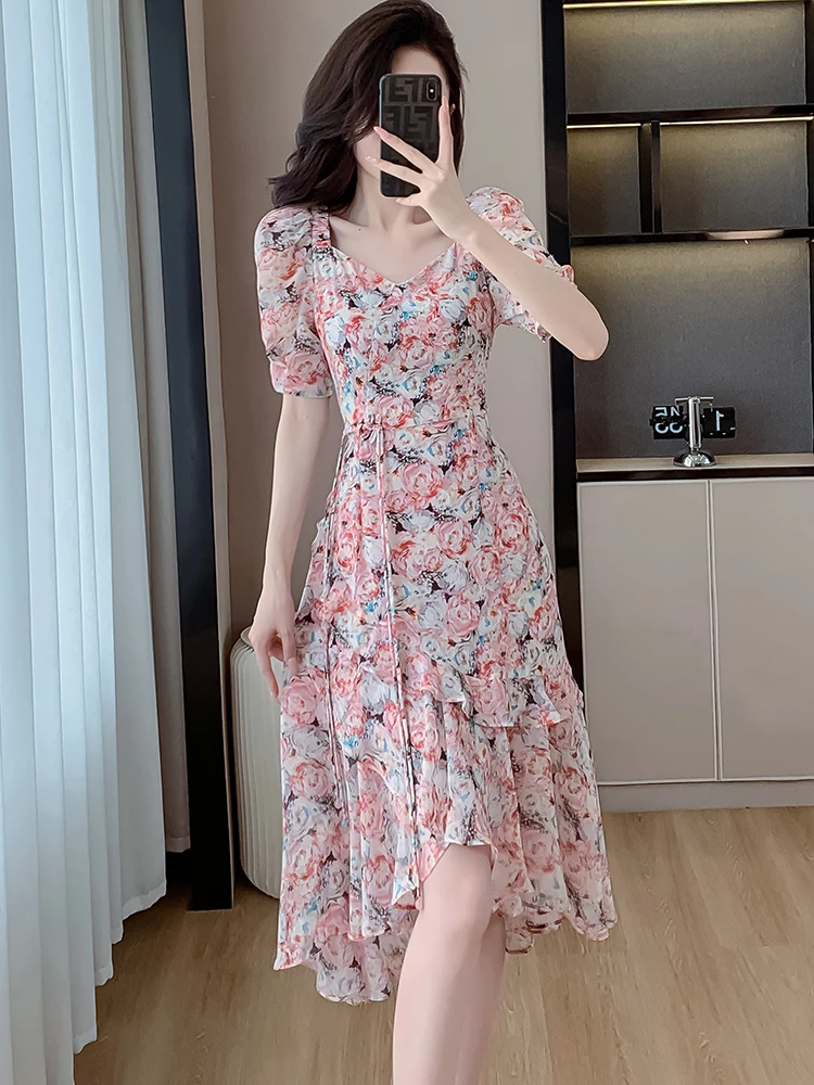 2024 New Pink Floral Mesh Short Sleeve Square Collar Dress Summer Elegant Ruffled Beach Dress Women Fashion Bodycon Party Dress