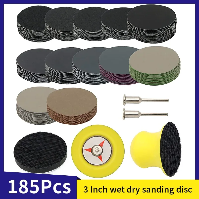 

185 Pcs 3 Inch Sanding Disc Wet Dry Sandpaper 60-10000 Grit,Backing Plate Buffing Pad for Wood Metal Jewelry Grinding Polishing