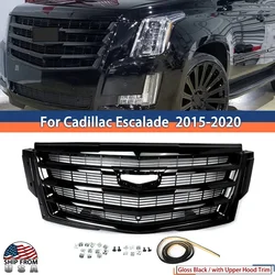 Glossy Black Front Grille + Hood Molding Trim Replace For 2015-2020 Cadillac Escalade Front Hood Grille Front Bumper Upper Grill