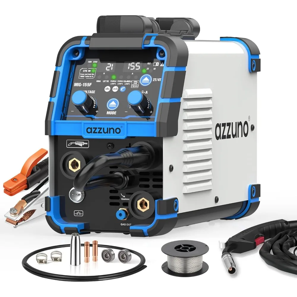 AZZUNO Aluminium 155A MIG-lasapparaat 110V / 220V, 5-in-1 MIG-lasmachine met fluxkern MIG / gas MIG / aluminium MIG / Stick / Lift TIG Wel