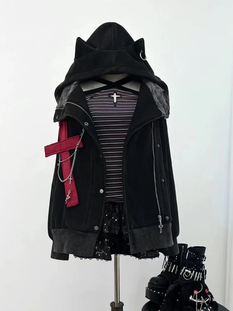 

Y2K готическая винтажная куртка с капюшоном и принтом скелета, женская куртка в стиле панк с заклепками и карманами, темная толстовка с капюшоном, модное уличное пальто, новое