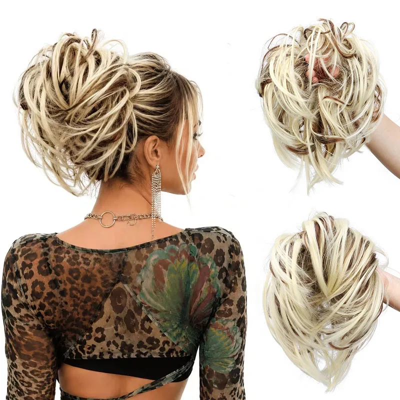 6Inch Synthetic Messy Hair Bun Scrunchie Elastic Rubber Band Chignon Hairpiece Mixed Color Curly Updo Bun for Women Daily Party