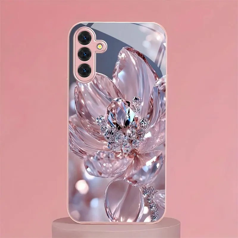 Pearl powder crystal pattern glass phone case suitable for Samsung Galaxy S26 S25 S24 S22 S21 S20 FE/Ultra/Plus anti drop