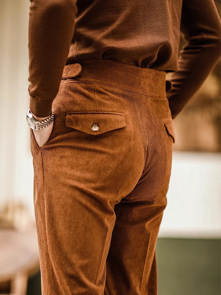 Fall Winter Casual Corduroy Trousers Mens Vintage Belt Design Straight Pants Men Stylish Solid Color Slim Ribbed Trousers Naples