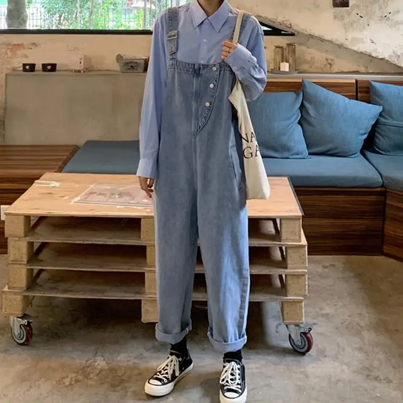 Jumpsuit Denim Wanita Versi Awet Muda Desain Lebar Model Wanita Pinggang Sedang Ramping Ringan Lembut Tipis Halus