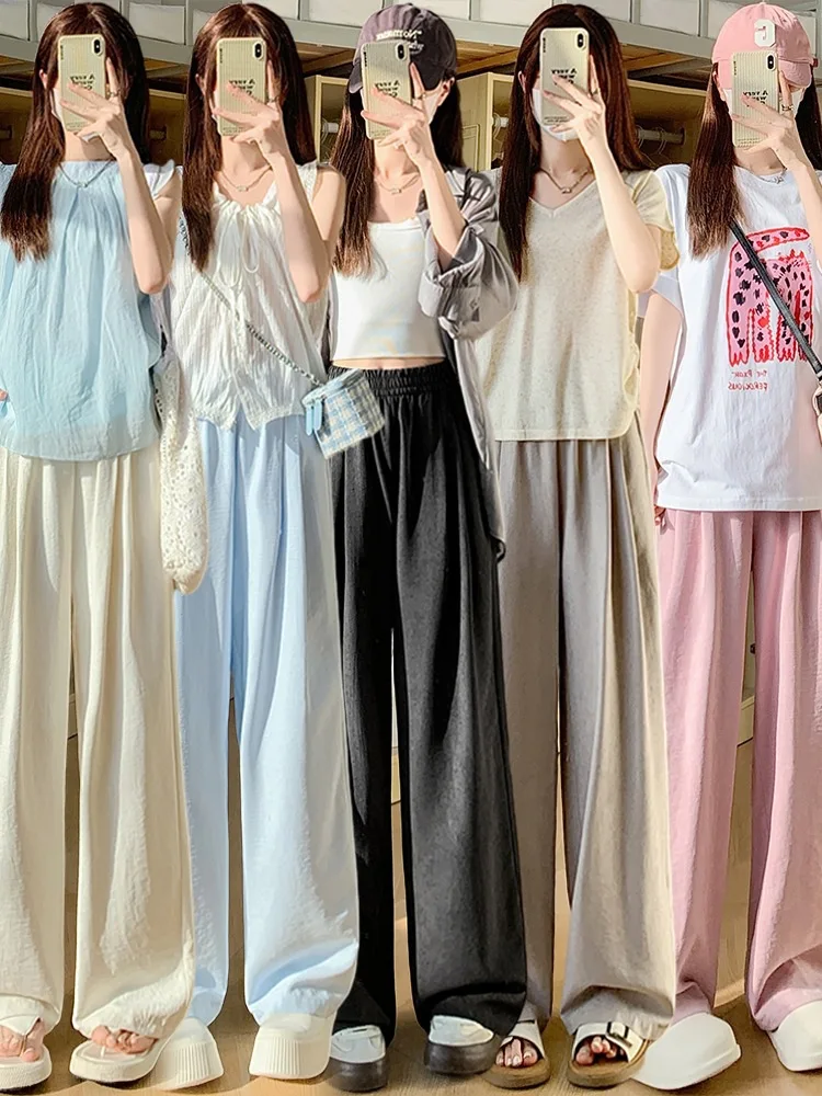 Women Wide Leg Pants Spring Summer Elastic Waist Straight Long Loose Pants Casual Female Solid Soft Pants Trousers