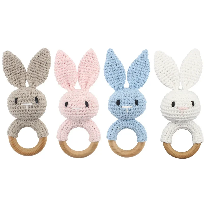 Newborn Baby Rattles Cute Cartoon Animal Rabbit Grab Ability Training Toys Infant Bell Toy Original Wood Crochet Hook Knitted