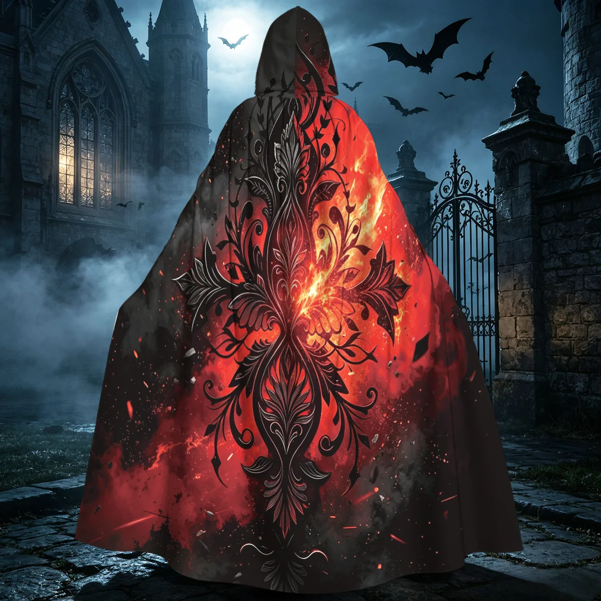 1pcs Hooded Cloak Cape with Ornate Floral Cross & Vibrant Red Flame Smoke Print - Medieval Witch Wizard Robe Costume