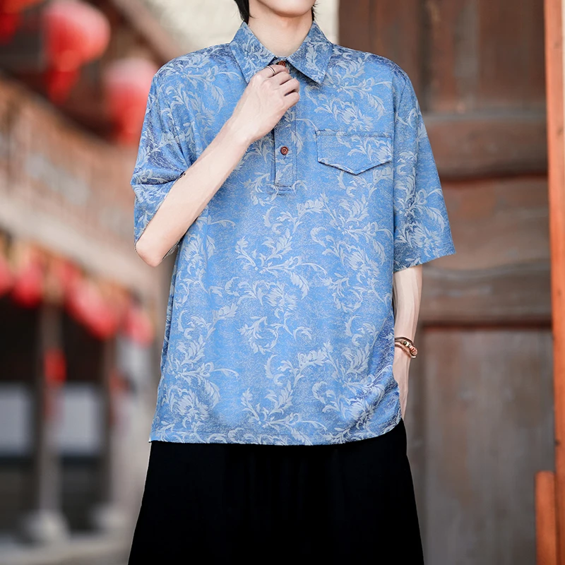 2025 Trendy Summer Jacquard Short Sleeve Shirt for Men Breathable Pullover Casual Top with Floral Pattern Lightweight & Style