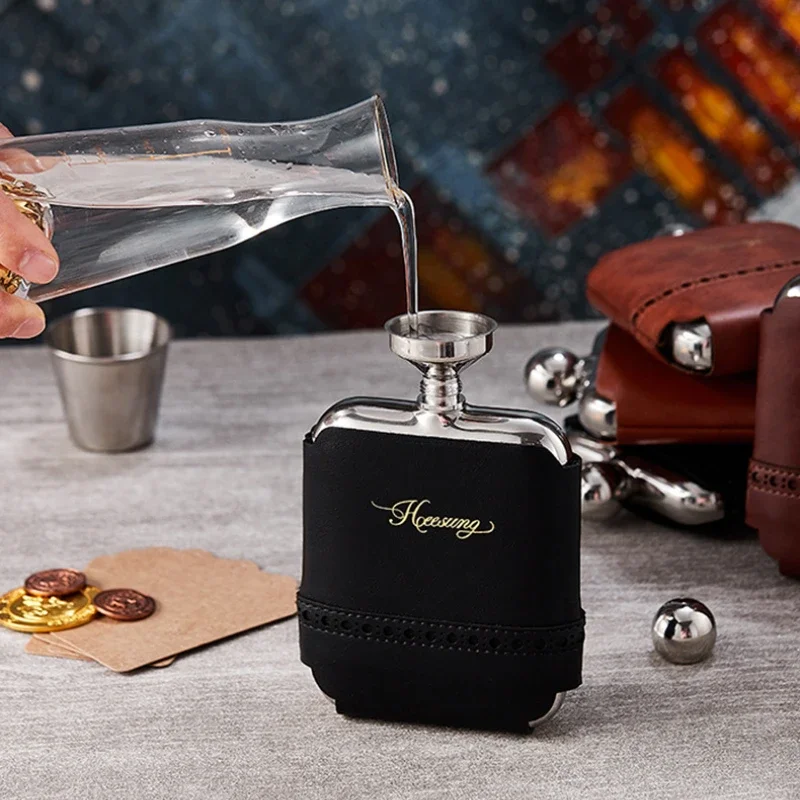 6oz Stainless Steel Hip Flask with Leather Cover Pocket Hidden Whiskey Alcohol Flask Gift for Boyfriend Outdoor Accessories