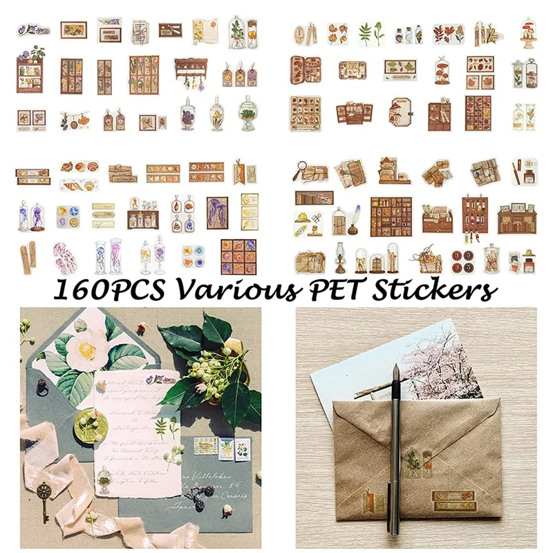 160PCS Vintage Scrapbook Stickers Pack, Retro Decorative Florals Plants Transparent Stickers,For DIY Craft Daily Planner