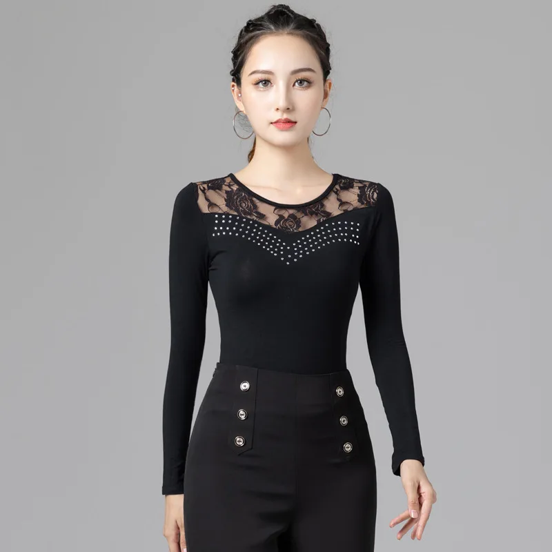 1pcs/lot woman long sleeve latin dance top lady black lace patchwork ballroom walt dancing blouse