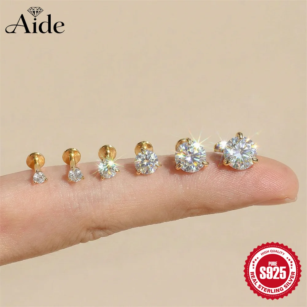 AIDE 925 Sterling Silver 1 Pc Multi Size Sparkling Moissanite Women's Flat Back Cartilage Piercing Dainty Luxury Bridal Gifts