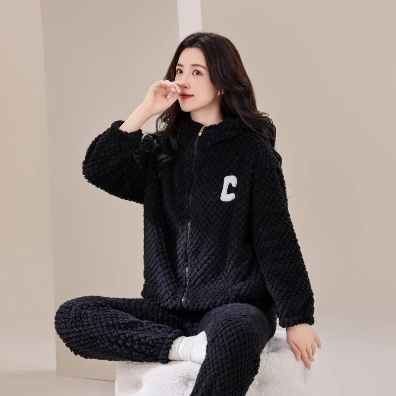 High-grade Hooded Pajamas Velvet and Thick Zipper Casual Wear Home Suit Set Cosy Thermal Pajamas Both Men Women Autumn Winter