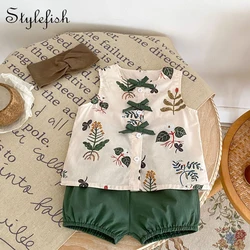 Summer New Fashion Casual Baby Clothing Short sleeved Leaf Printed Sleeveless Top for Girls+Solid Color Bread Shorts 2-piece Set