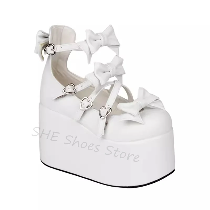 

Butterfly Knot Narrow Band Lovely Lolita Girls Pumps Chunky Bottom Height Increasign Heart-Shaped Buckle Women Mary Janes Shoes