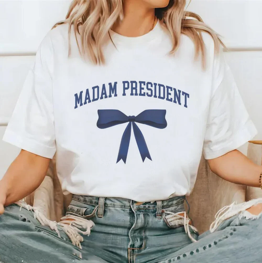 Madam President Ribbon Bow Pattern Fun Printed Basic Casual Loose Top Short Sleeve Summer Women's Trendy Versatile T-Shirt