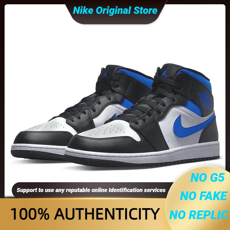 

Кроссовки Nike Jordan 1 Mid, белые, черные кроссовки Racer blue, 554724-140