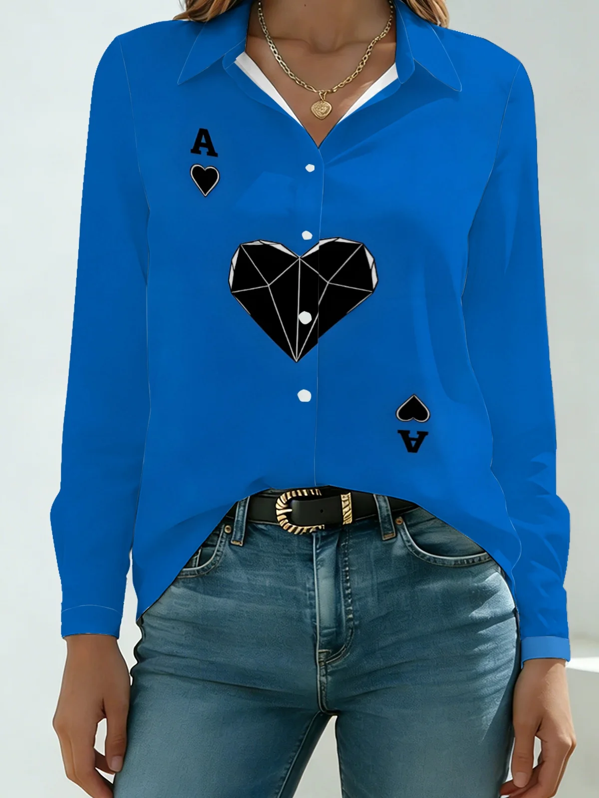Trendy Retro Card Womens Collared Shirt Bright Royal Blue Base Geometric Spade Ace Heart Allover Print Long Sleeve Travel Street